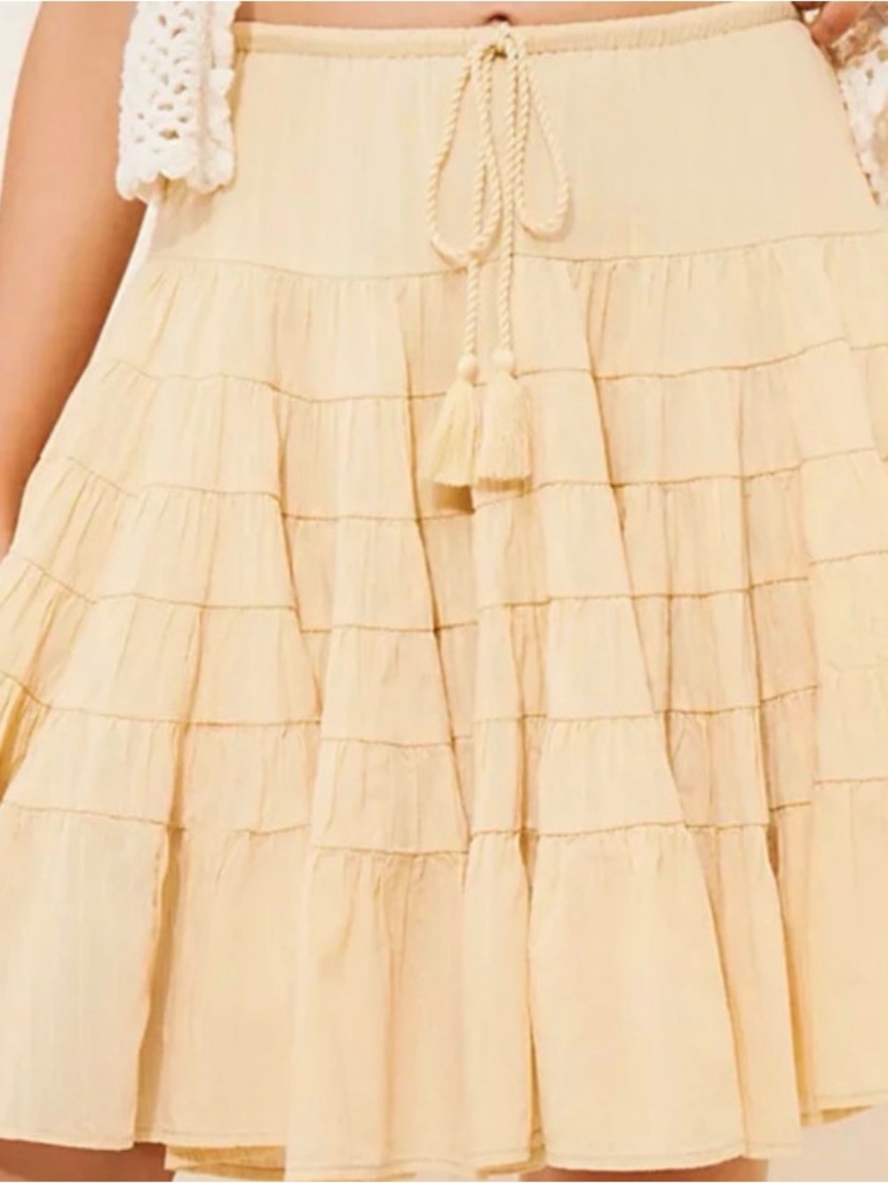 Free People Cream many layers Tiered Tassel Drawstring Mini Skirt